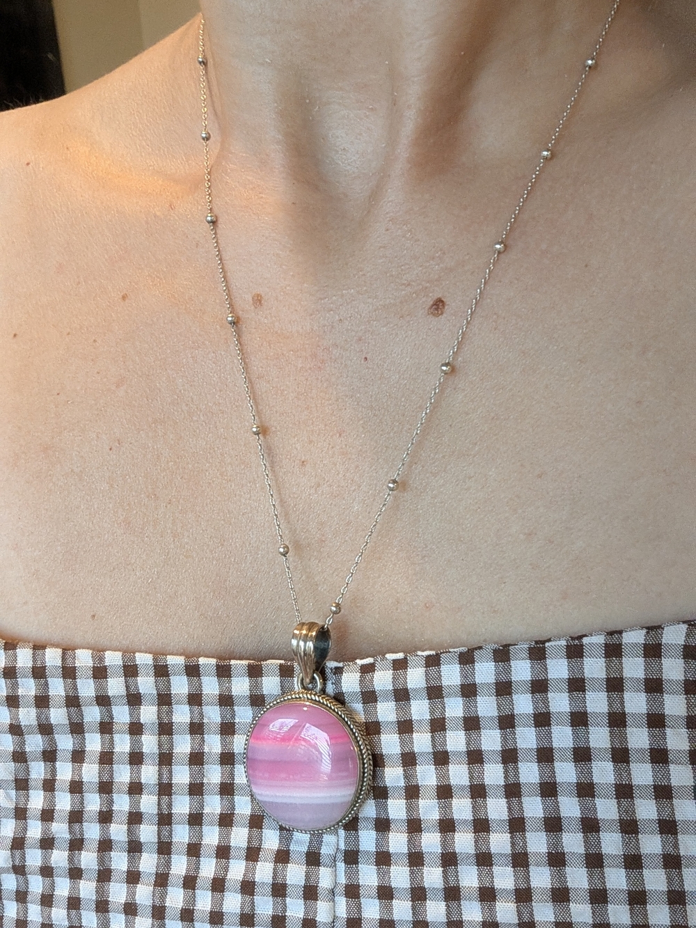 Silver Necklace with Pink Striped Pendant